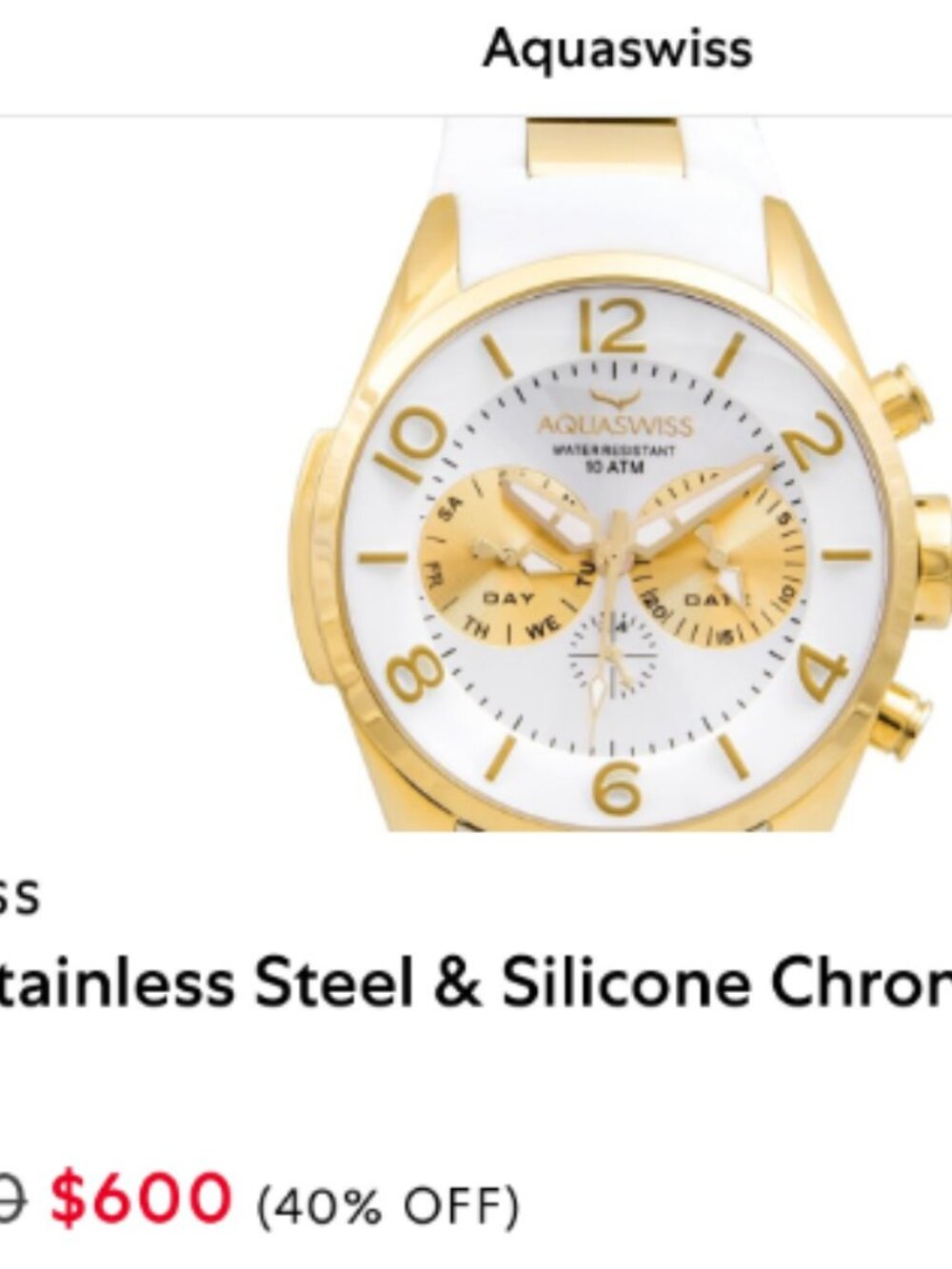 Acquaswiss Unisex White & Gold 44MM Stainless Steel & Silicone Watch - Brand New - Picture 3 of 3
